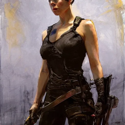 Image similar to alison brie as furiosa, intricate, elegant, highly detailed, greg manchess, mucha, liepke, ruan jia, jeffrey catherine jones, ridley scott