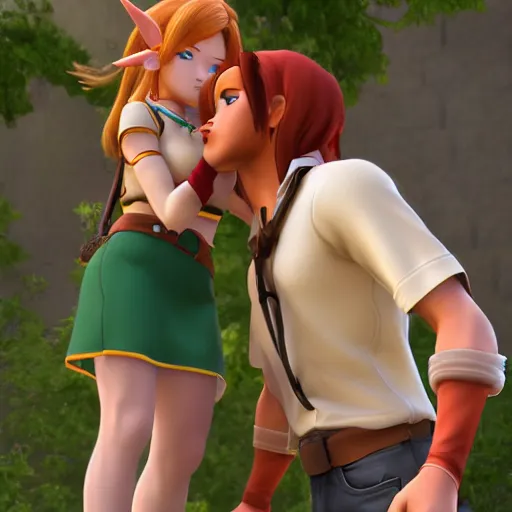 Image similar to female link and malon kissing, realistic, 3 d, raytracing, hd, max settings