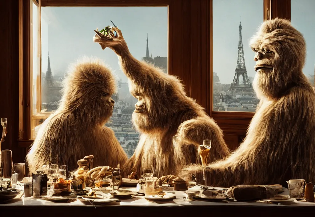 Image similar to accidentally wes anderson award - winning photograph of yeti and bigfoot eating lung in paris restaurant, accidental renaissance, golden ratio, fibonacci composition, 4 k, detailed, art by greg rutkowsky, trending on artstation, cinematic lighting, filmic grain, golden hour, detailed, 4 k