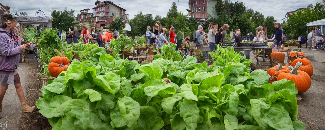 Prompt: coburg farmer's market, with snail-shaped biomimetic architecture, harvesting capsicums, lettuce, silverbeet, hemp, and pumpkin vines, vertical vegetable and fruit gardens, in a village street, with beautiful dome houses in the background XF IQ4, 150MP, 50mm, F1.4, ISO 200, 1/160s, natural light