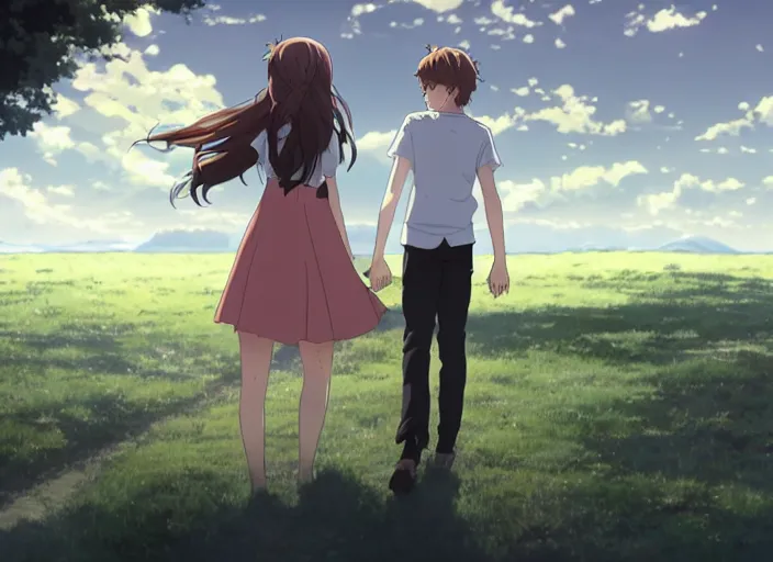 Prompt: Hermione and Ron holding hands, anime key visual, scene by Makoto Shinkai