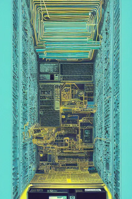 Image similar to Digital art, very highly detailed Haker that haking, siting inside the giant very highly detailed computer, by Beeple very highly Detailed by Guy Bourdin and Reka Nyari,on Pentax 67, Kodak Portra 400, soft Cyan Gold light, The Golden Ratio from the distance