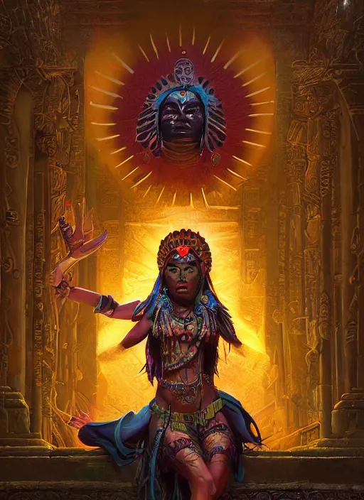 Prompt: aztec sun goddess in a temple, vivid colors, dark shadows, contrast, concept art, sharp focus, digital art, Hyper-realistic, 4K, Unreal Engine, Highly Detailed, Dramatic Lighting, Beautiful, by Brom, bastien lecouffe-deharme