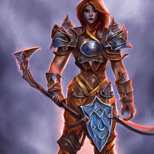 Prompt: disney's gargoyles!!!! female!! warrior! flaming sword ( devilish smile ) ( ( plate armor ) ) ( ( ( shield ) ) ), fantasy painting, concept art, 4 k