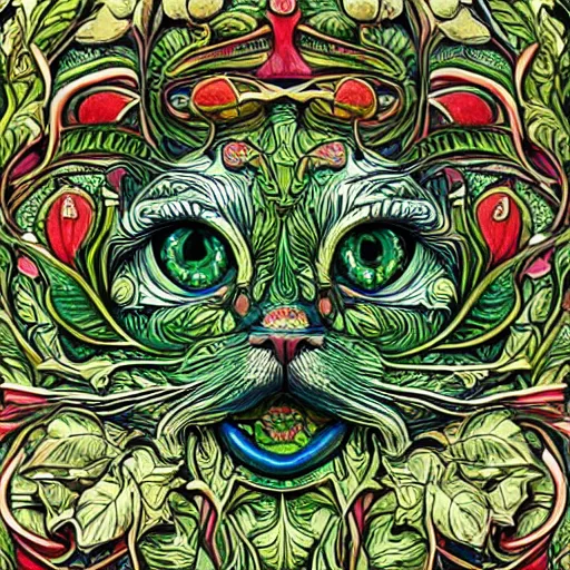 Image similar to colourful highly detailed ornate decorative green man as a cat face 3 d sculplture by walter crane and william morris, closeup, twisting leaves, flowing lines, abstract psychedelic, 8 k, artstation