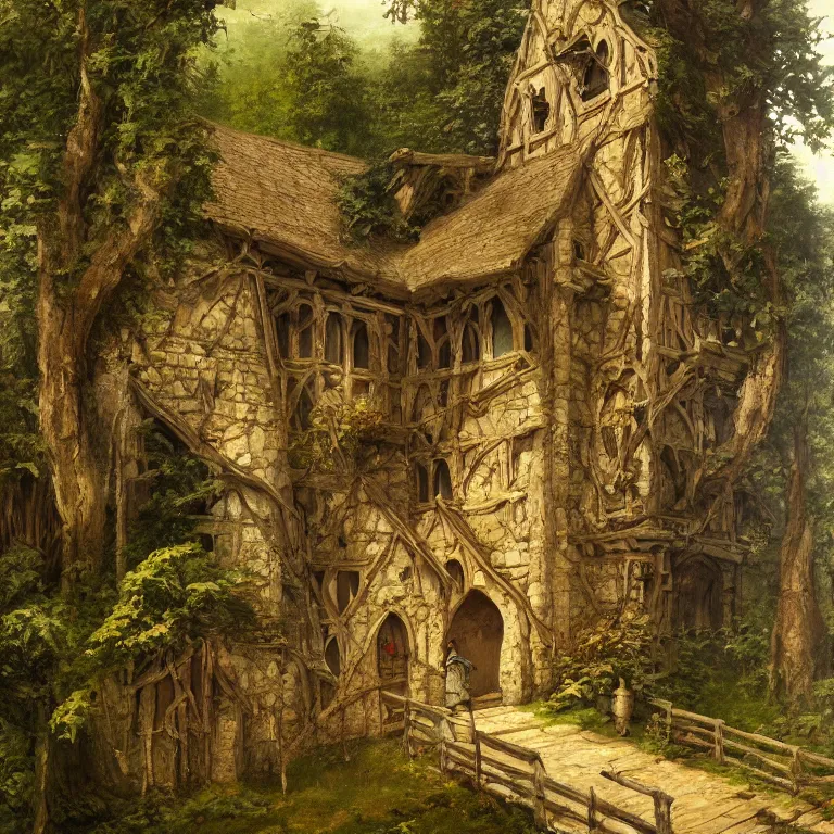 Prompt: a detailed painting of a medieval building in forest. fantasy poster. lord of the rings style. cinematic fantasy scene. fantasy. carl spitzweg. renaissance elements. renaissance element. oil painting. award winning. trending on artstation. 8 k