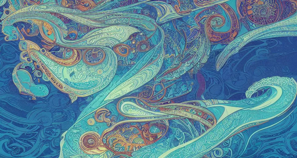 Prompt: terrifying psychedelic ⛈ ocean 🌊, 🛥 ocean - liner, paisley pattern, backlit, sunset, refracted lighting, outdoors, paisley pattern, elegant, 8 k resolution, intricate and fine details, digital painting, artstation, illustration, psychedelic ocean art, krenz cushart, alphonse mucha