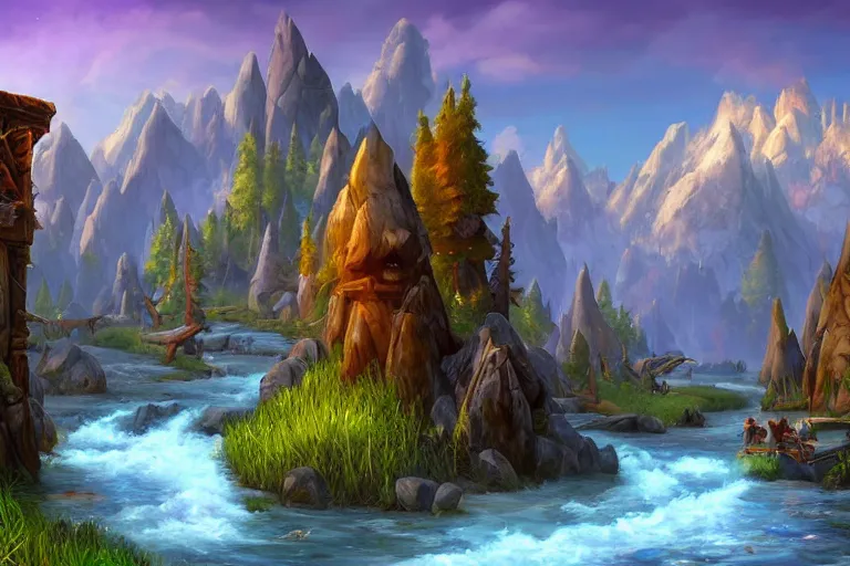 Prompt: world of warcraft environment with trees, rocky mountains and a river, horses, wooden chariots, beautiful, concept