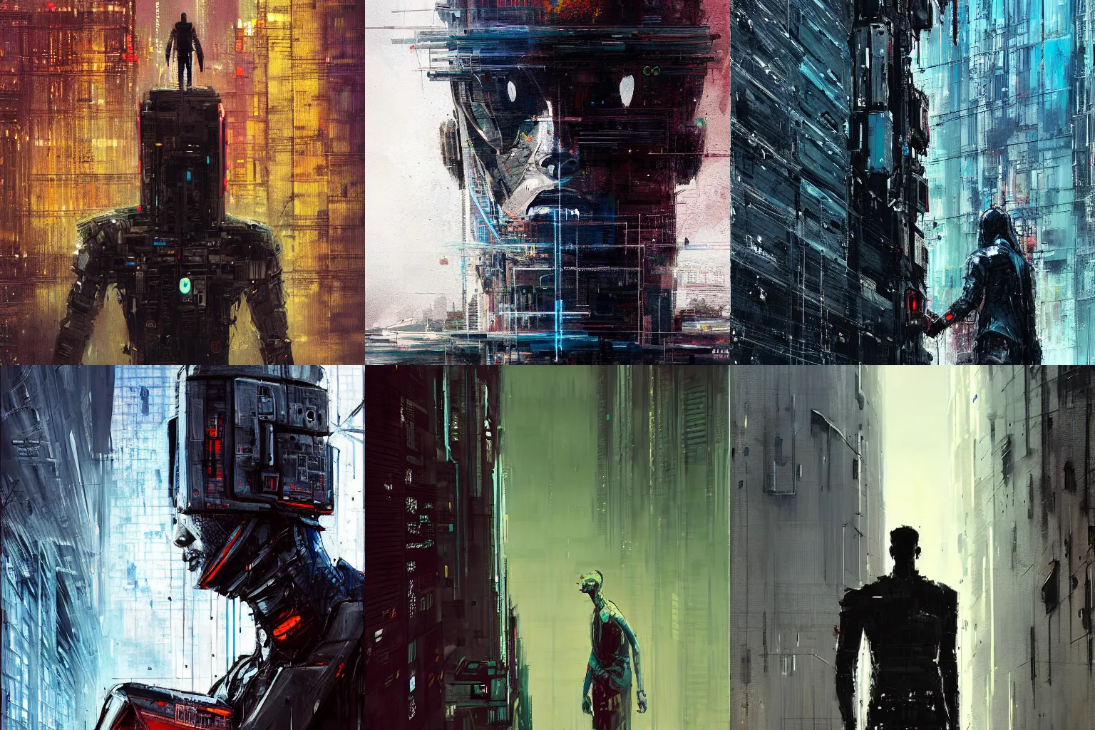 Prompt: towering cyberpunk android by Alena Aenami, by Guy Denning, extreme low angle, full subject in view