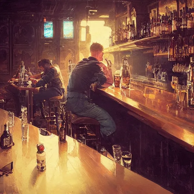 Prompt: two men sitting at a bar drinking whiskey, near future, sci - fi concept art, by greg rutkowski and norman rockwell, highly detailed, intricate details, soft lighting, studio lighting
