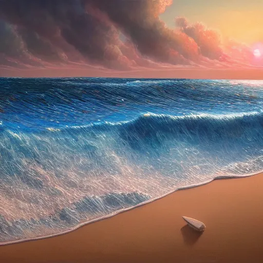 Image similar to A beautiful detailed painting of an exotic deserted beach with big waves, lit by sunset, by Quentin Marsollier, unreal engine, featured on artstation, ultrawide angle, f8