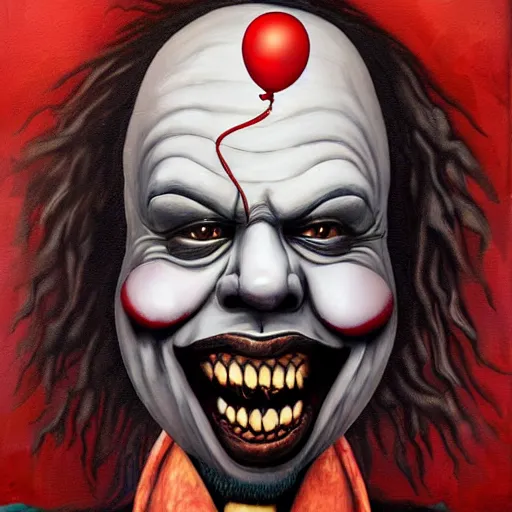 Image similar to grunge painting of kanye with a wide smile and a red balloon by chris leib, loony toons style, pennywise style, corpse bride style, horror theme, detailed, elegant, intricate