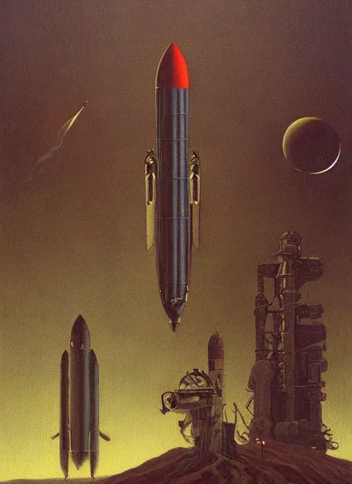 Prompt: A painting in a style of Beksinski featuring Elon Musk, rockets, mars and technology. Very detailed