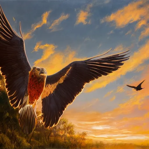 Image similar to a job offer with wings, flapping its wings flying in sunset sky, oil on canvas, portrait, intricate, 8k highly professionally detailed, HDR, CGsociety