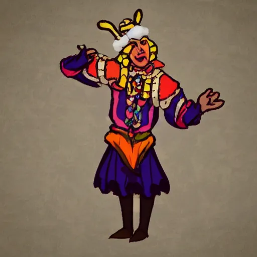 Prompt: a colorful jester doing the thinking emoji pose