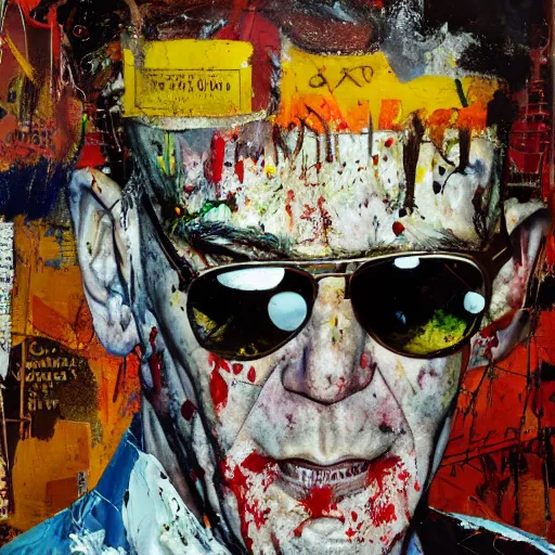 Prompt: hyperrealistic, photorealistic, mixed media oil painting of hunter s thompson, magazine scraps, plaster, blood, oil, mustard, splatter, greg rutkowski, basquiat, ralph steadman, terry gilliam