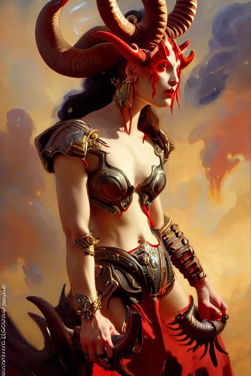 Image similar to painted close - up portrait of a attractive red - skinned intimidating demon cyborg girl with ram horns! oil painting, wearing a noblewoman's outfit, fantasy art by john singer sargent and gaston bussiere and james jean and greg rutkowski, demon noble character design, hd