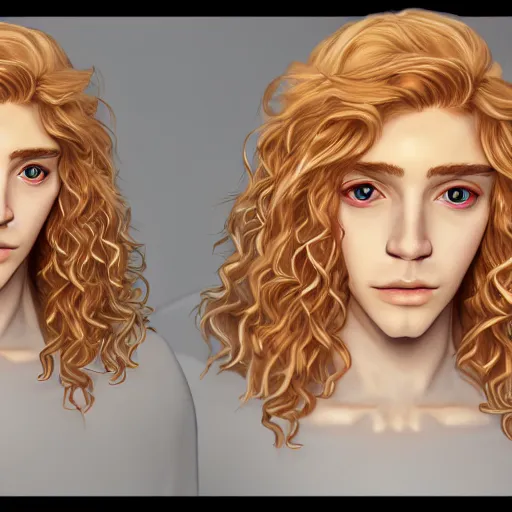 Image similar to portrait of Lucius the beautiful fantasy androgynous prince, long fluffy strawberry blond curly hair, clean and pretty, 8k, trending on artstation