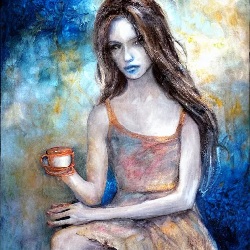 Prompt: painting in the style of lois royo of a single young girl, alone, with no one else around, sitting alone on her throne, drinking coffee. she has long dark hair, blue eyes, two arms, two legs, one torso and one head.