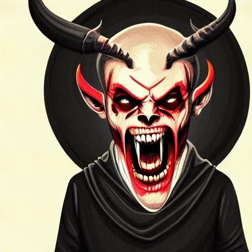 Image similar to the _ devil _ holding _ a _ skull _ red _ horns _ ominous _ fiery _ background _ symmetrical _ detailed _ face _ despair _ highly _ detailed _ high _ resolution _ sandro _ botticel