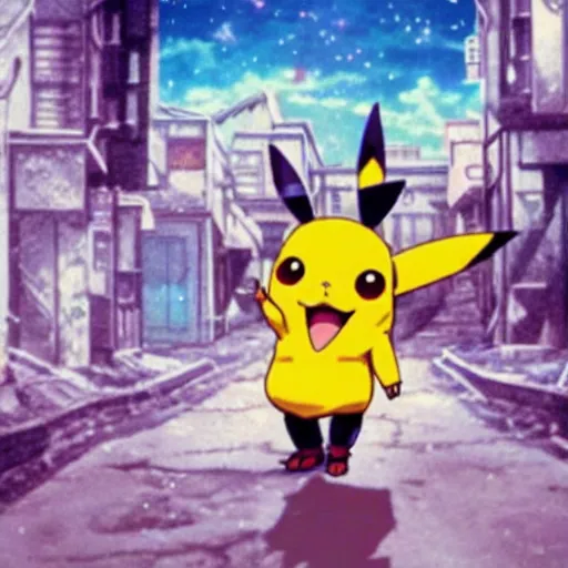 Image similar to screenshot from an anime about pikachu s wearing wizard robes and wandering an empty street alone, anime, 8 0 s, vhs, vhs effects, art by yuji ikehata