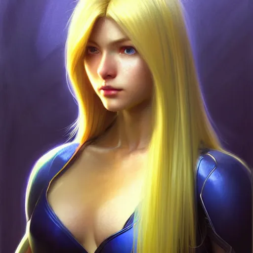 Image similar to portrait of Zero suit Samus with long blonde hair as League of Legends character, digital illustration portrait, dark fantasy, medium shot, intricate, elegant, highly detailed, digital painting, volumetric light, artstation, concept art, smooth, sharp focus, illustration, art by Donato Giancola and Gil Elvgren and Greg Manchess and Alphonse Mucha