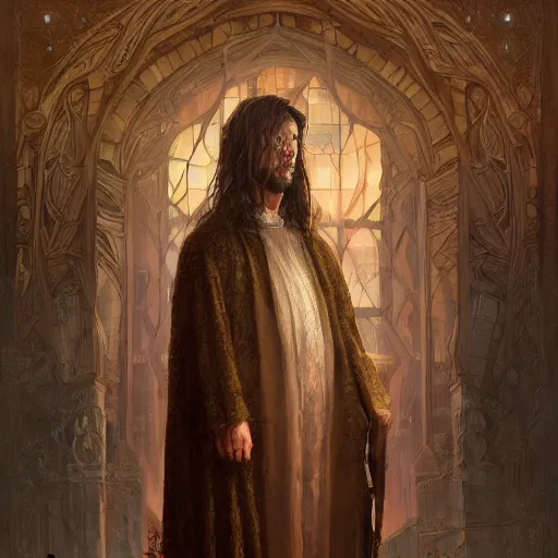 Image similar to highly detailed picture of a man with holes in his robes, religious man wearing clothes with huge rips, destroyed clothes, medieval background, mystic, d & d, fantasy, intricate, elegant, highly detailed, digital painting, artstation, concept art, smooth, sharp focus, illustration, art by artgerm and greg rutkowski and alphonse mucha