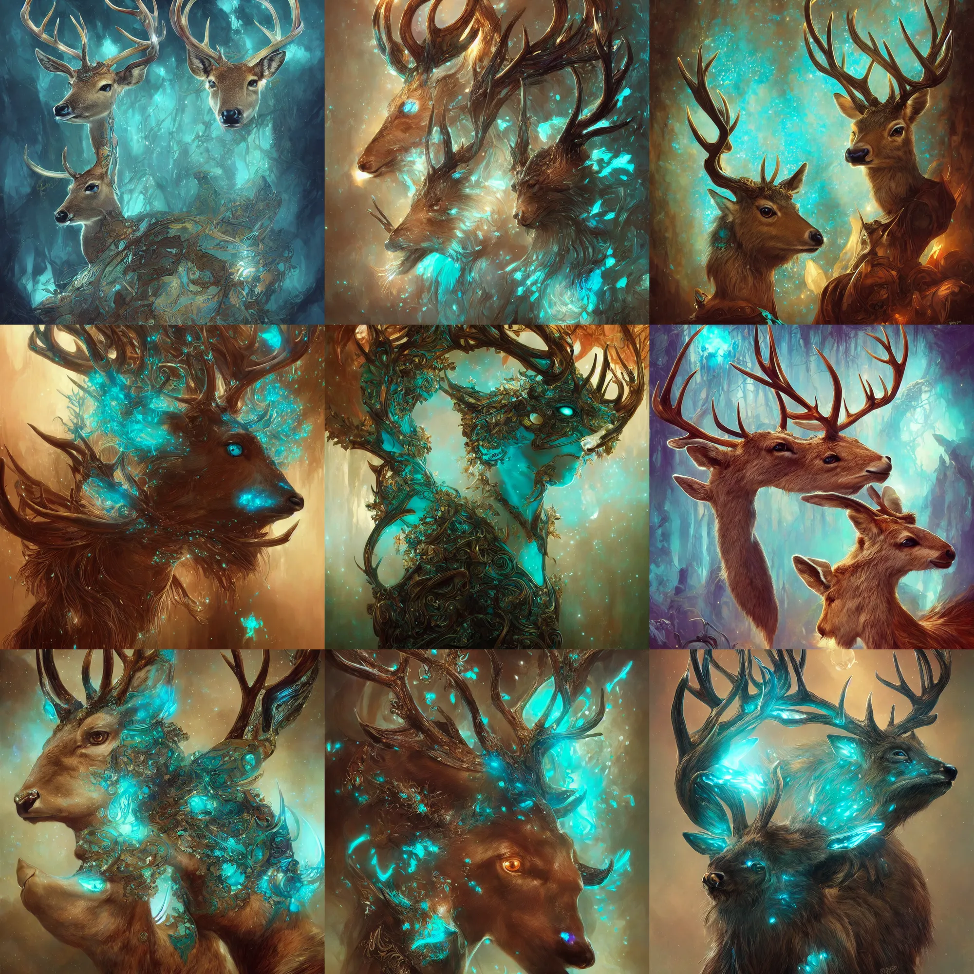 Prompt: Ultra realistic illustration, fantasy deer face made of magic with turquoise glow , sci-fi, fantasy, intricate, elegant, highly detailed, digital painting, artstation, concept art, smooth, sharp focus, illustration, art by artgerm and greg rutkowski and alphonse mucha