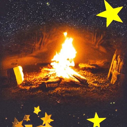 Prompt: a comfy crackling outdoor campfire in front of a very dark background of yellow illustrated stars, astrophotography, warm muted colors, cut paper collage with photograph and illustration