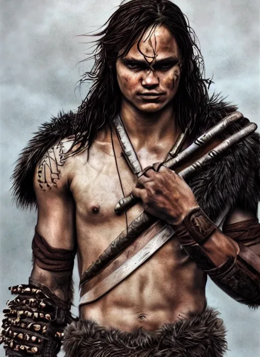 Image similar to frank dillane as a barbarian warrior, legendary warrior, tattoos, fur and leather armor, beautiful, realistically detailed shading, 8 k, hyper realistic art, photo realism, robin eley, deviantart