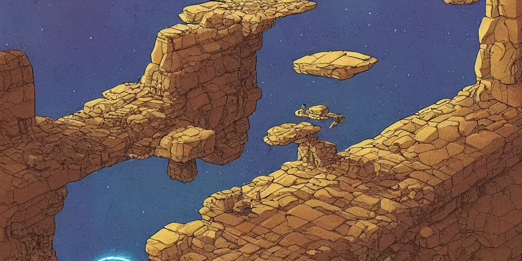 Image similar to isometric science fiction art of a rocky landscape. isometric perspective. science fiction art. alien world. moebius