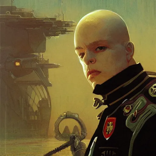 Prompt: portrait of rubbery albino mutant with moist skin, huge black eyes and determined expression, wearing fascist Byzantine police uniform and standing on cyberpunk docks, Dune concept art by Anato Finnstark, Alphonse Mucha, and Greg Rutkowski