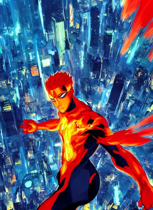 Image similar to anime key visual concept art of marvel human torch, flying above new york city background, by ashley wood, yoji shinkawa, jamie hewlett, 6 0's french movie poster, french impressionism, vivid colors, palette knife and brush strokes, style of makoto shinkai and greg rutkowski, fish eye lens