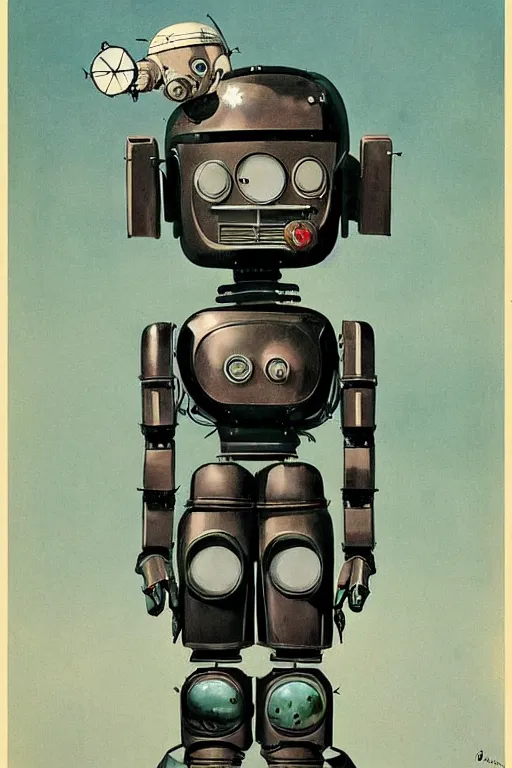 Prompt: extreme wide shot of a 1950s retro Cactus robot, with space above the head. Full Body. Bionic Arms and eyes. pop surrealism, muted colours. by Jean-Baptiste Monge, wide shot