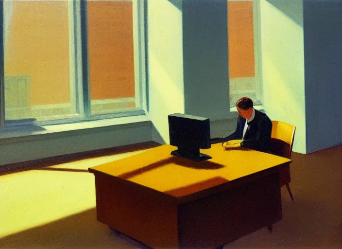 Image similar to painting of a lonely man sitting at his desk in an empty, huge office, in the style of edward hopper