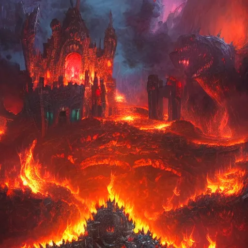 Image similar to the exterior of bowser's castle, epic, fantasy art, dark fantasy, illustration, flames, lava, oil painting, artstation, hyper detailed, thwomps, oil painting, intricate