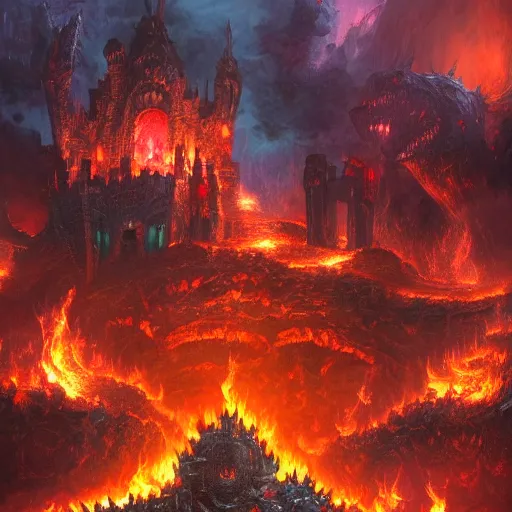 Prompt: the exterior of bowser's castle, epic, fantasy art, dark fantasy, illustration, flames, lava, oil painting, artstation, hyper detailed, thwomps, oil painting, intricate