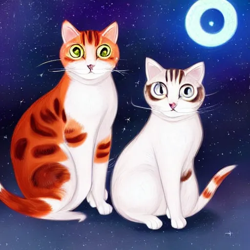 Image similar to two cute multi - colored calico cats with beautiful eyes sleeping inside a cozy home in the evening, stars shining in the night sky through the window,, artstation, cgsociety, storybook art