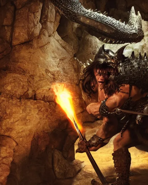 Image similar to closeup Photo of Conan the Barbarian fighting a dragon with a sword in a dungeon, rim lighting, octane, Edgar Rice Burroughs,