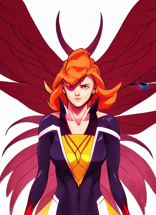 Prompt: female Phoenix x-men fanart, full body action pose, semi-realistic anime illustration, symmetrical face, beautiful Symmetrical eyes, fanart, trending on Pixiv, cinematic, 4K anime, cel shaded, Akihiko Yoshida, cinematic, 4K