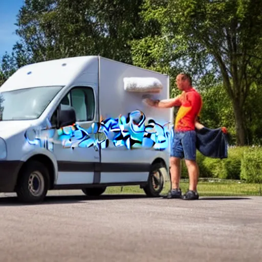 Image similar to stock image of man washing amazon van with microfibre cloth, the van is very clean and you can only see the bonnet and his arm which is cleaning. the lighting is dynamic, stock photo 3 5 mm 8 k photorealistic, close up