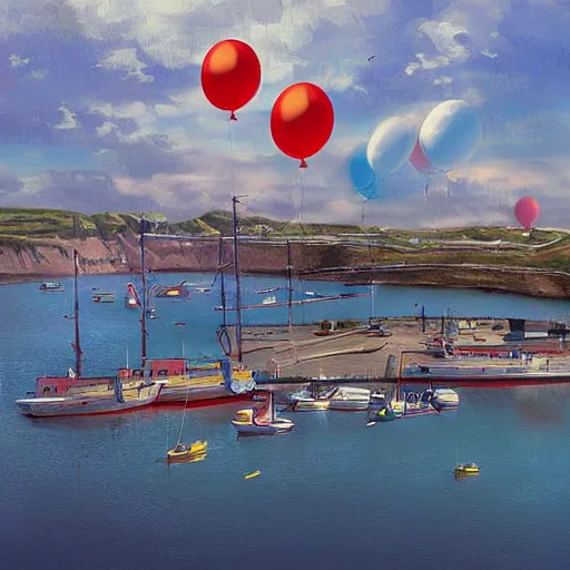 Image similar to digital art of a port in bretagne with giant birthday balloons, artstation cgsociety masterpiece