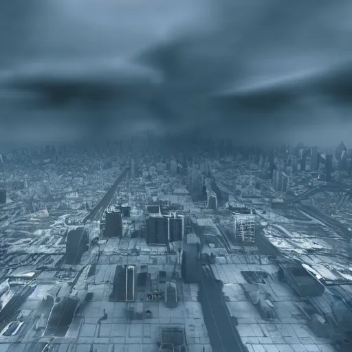 Prompt: a photorealistic image of terror in the skies, volumetric fog, cityscape, wide angle