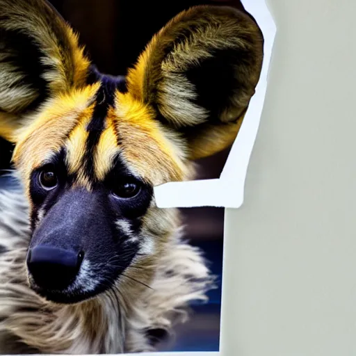 Prompt: A photograph of an African Wild Dog wearing a photograph.