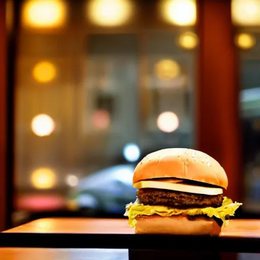 Image similar to a hamburger sitting on a table in a dimly - lit mcdonalds by the window, blue hour