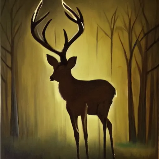 Image similar to deer smoking a cigarette at night, stylized, artistic, expressive, oil on canvas, thick paint brush strokes