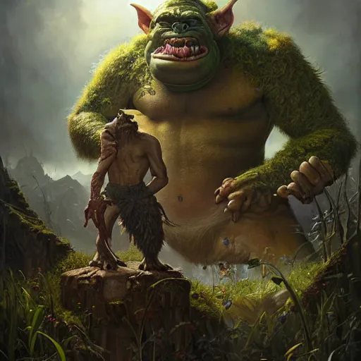 Image similar to a hyperrealistic illustration of a mix of an oger and giant and goblin, 8 k ultra realistic creature, detailed intricate, with fractal sunlight, award - winning, masterpiece, in the style of tom bagshaw, cedric peyravernay, peter mohrbacher