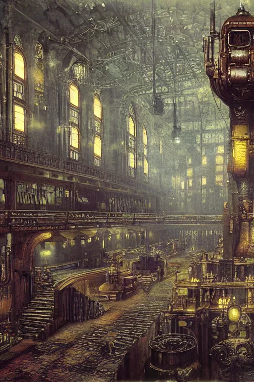 Prompt: beautiful matte steampunk large room filled with steampipes and valves fantasy scene ultra detail by john atkinson grimshaw