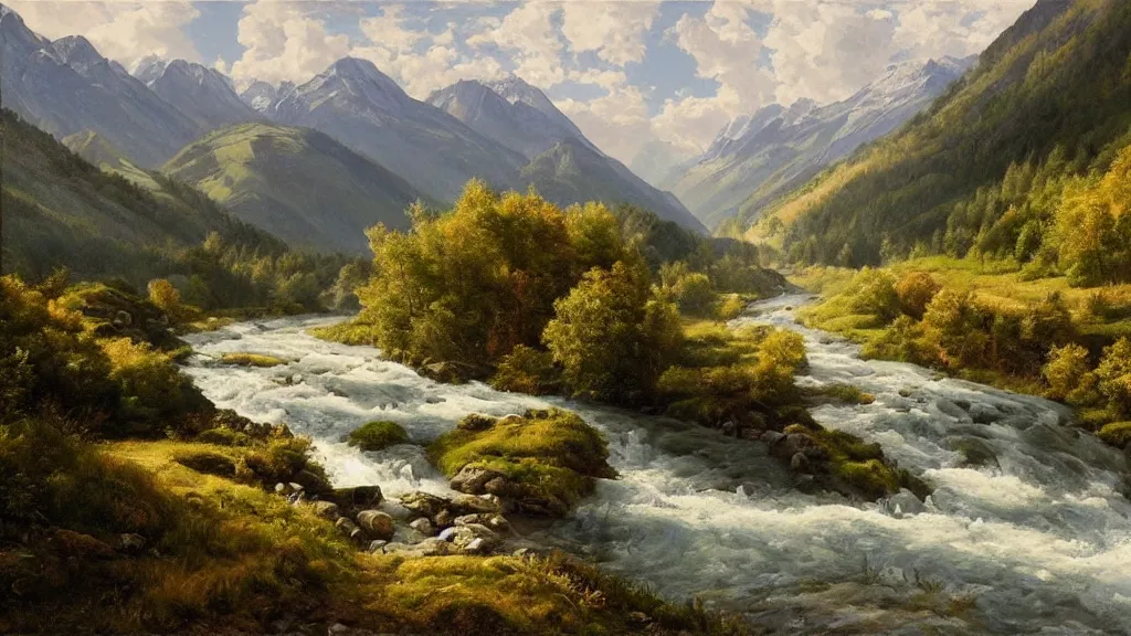 Prompt: High-Quality realist painting of a river crossing a valley in the Alps, peaceful, very detailed, dramatic lighting, digital art.