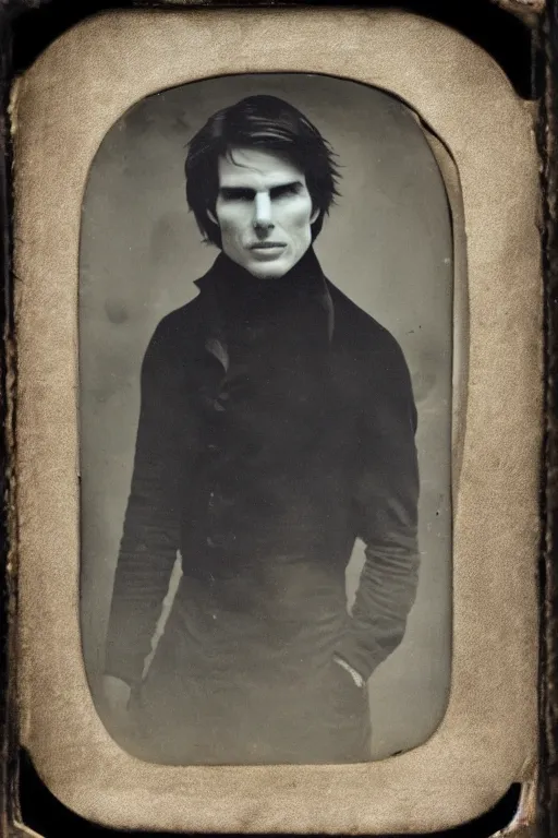 Image similar to disturbing daguerreotype of tom cruise with a creepy grin